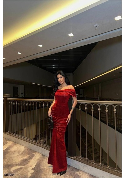 Lior Design Kadın Trend Degaje Yaka Yırtmaçlı Kemerli Abiye Elbise Kırmızı