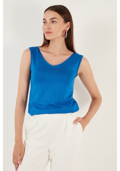 Lela Slim Fit V Yaka Kalın Askılı 2' Li Paket Bayan Bluz 5864384S2 Toz Pembe-Saks