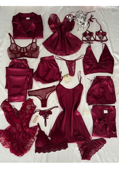Mh Moony Homewears Kutulu 16 Parça Mudodo Bordo Saten Pijama Gecelik Sabahlık Iç Giyim Çeyiz Seti Muhteşem Bordo