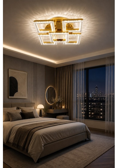 LumiaLighting Yakamoz Model 5"li Gold 3 Renk Modu Ledli Modern Tavana Sıfır Salon Mutfak Çocuk Yatak Odası Led Avize Altın
