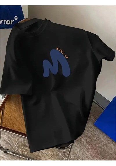 Unisex Pamuklu Wake Up Ön Baskılı Tasarım Tshirt SIYAH