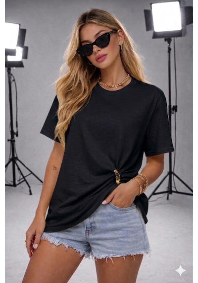 Ribana Kadın Bisiklet Yaka Kısa Kollu Gold Yan Toka Detaylı T-shirt 5035 Siyah