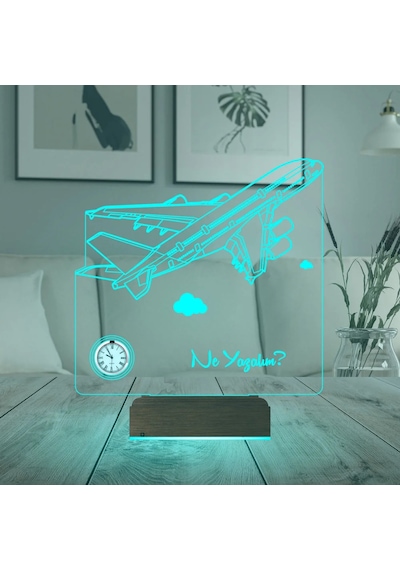 Luvivia Uçak Pilot Yolcu Uçağı Kaptan Pilot Kişiye Özel Metal Saatli 3d Lamba - Masa Gece Lambası Şeffaf