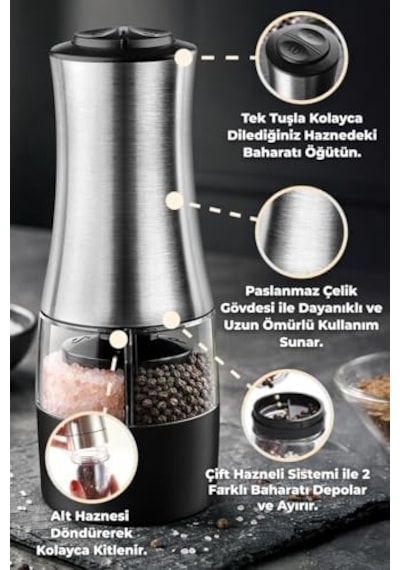 Paslanmaz Çelik Çift Hazneli Otomatik Tuz Karabiber Öğütücü Pilli - Metalik Diğer