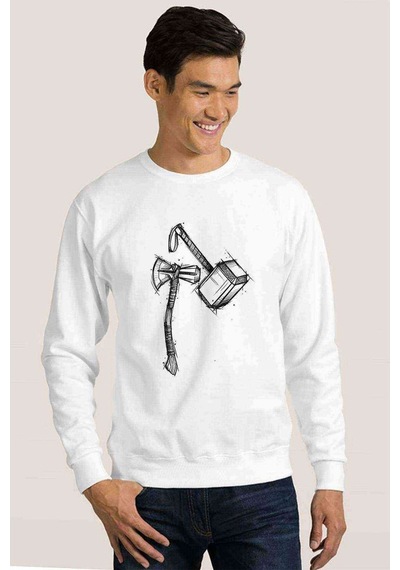 Balyoz Baskılı Beyaz Erkek Örme Sweatshirt