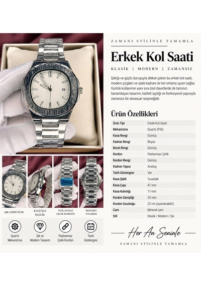 Patek Philippe Beyaz Kadran Erkek Kol Saati Gümüş