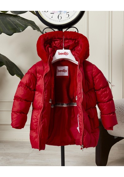 Benitto Kids Kız Bebek Kapüşonlu Fermuarlı Şişme Mont 51351 Kırmızı