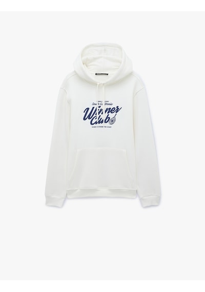 Koton Regular Fit Uzun Kollu Kanguru Şardonlu Cepli Kapşonlu Baskılı Sweatshirt Beyaz 7wam70032mk