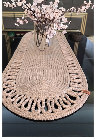 Dekoratif Örgülü 35x100 Cm Runner Şık Masa Orta Sehpa Üstü Dekoratif Sofra Aksesuarı Vizon