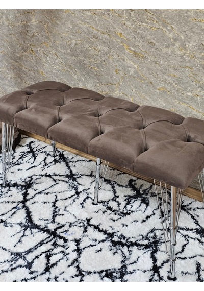 Zafir Metal Krom Tel Ayaklı 100 Cm Puf Bench - Puf - Bench - Oturak - Mutfak Oturağı - Antre Oturağı Kahverengi
