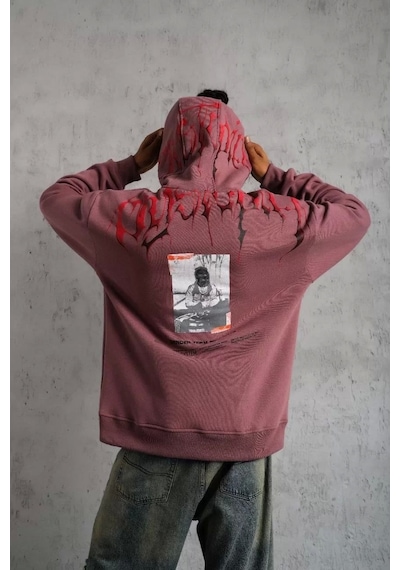 Erkek Ön ve Arka Baskılı Kapüşonlu 3 İplik Sweatshirt - Gül Kurusu Gülkurusu