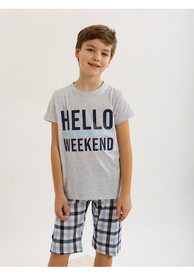 Vitmo Erkek Çocuk Kısa Kollu Kapri %100 Pamuklu Pijama Takımı Hello Weekend KARMELANJ