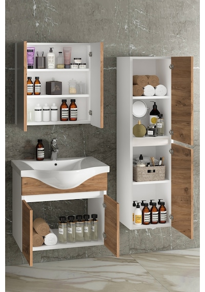 Yıldız 55+35 Cm Beyaz-atlantik Çam Mdf Seramik Lavabolu Asma Banyo Dolabı Takımı Beyaz - Atlantik Çam