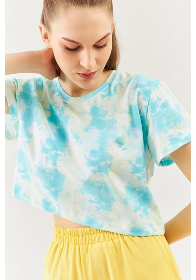 Kadın Oversize Rahat %100 Pamuklu Penye Bisiklet Yaka Kısa Kol Basic Crop T-shirt Batik Doğa