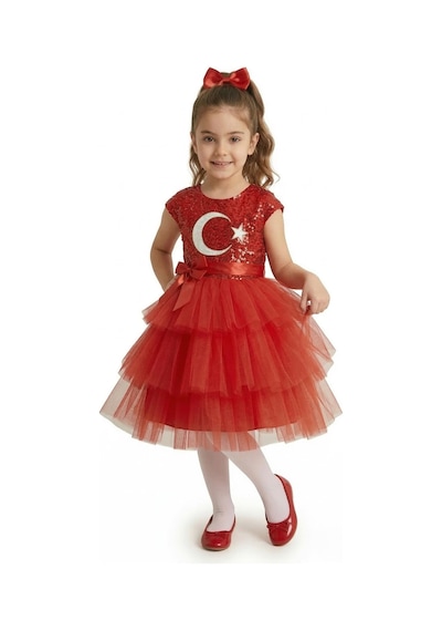 Mnk Baby & Kids Ay Yıldız Motifli Kız Çocuk 23 Nisan Elbisesi M00813 Kırmızı