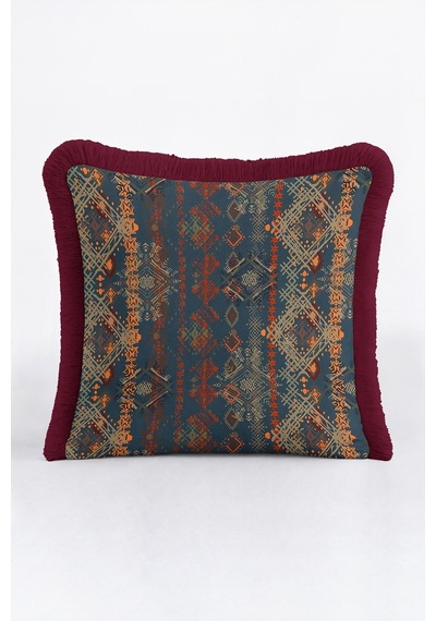 Etnik Kilim Desenli Saçaklı Yastık Kılıfı - Otantik Retro Lacivert Bordo Püsküllü Kırlent Kılıfı Kadim Ufuk Saten