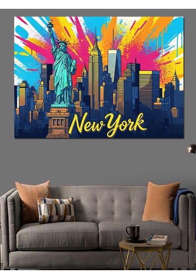 Renkli New York Özgürlük Heykeli Dekoratif Kanvas - Mdf Ahşap Tablo