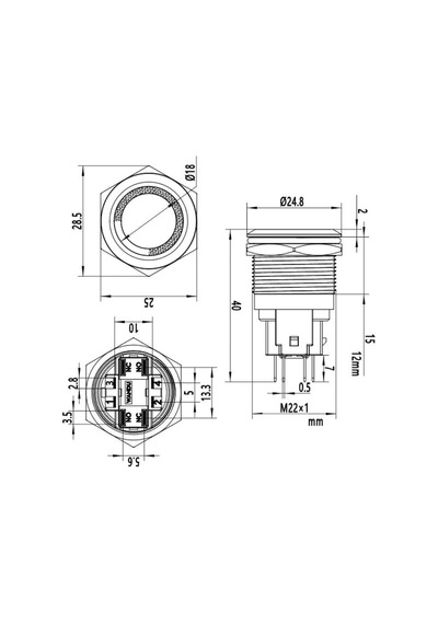 Motorobit 22E-P1Z-E 22Mm Düz Anahtarlı Işıklı Metal Buton - Kırmızı