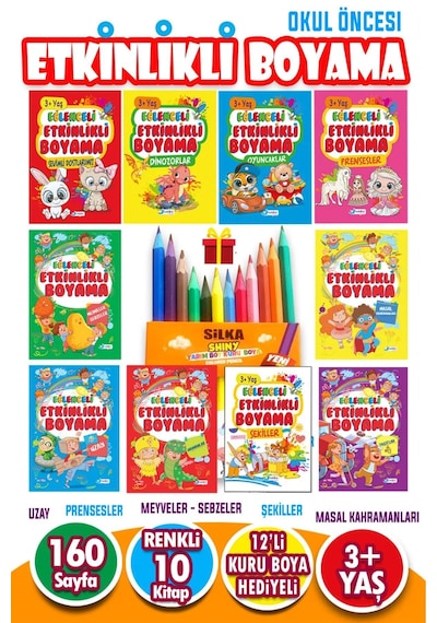 12 Adet Kuru Boya Hediyeli 10 Kitaplı Eğitici Ve Etkinlikli Boyama Seti