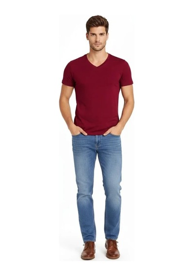 Efnaz Style Erkek T-shirt V Yaka Slim Fit Dar Kesim Likralı Tişört Günlük Basic Body - Bordo