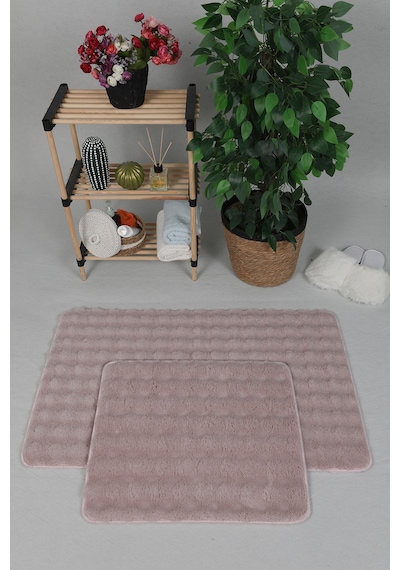 Modern Bubble Yıkanabilir Kaymaz Peluş Banyo Paspası Halısı 2'li Klozet Takımı 50x80-50x40cm Pembe