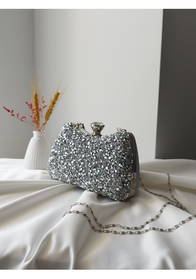 Vivazzaluxe Kristal Taşlı Kadın Abiye, Clutch Çanta Gümüş