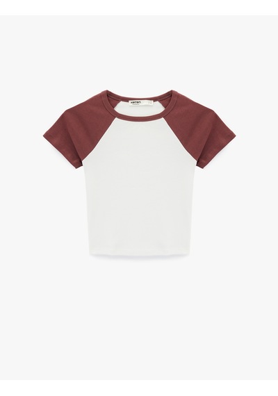 Koton Slim Fit Pamuklu Renk Bloklu Kısa Kollu Bisiklet Yaka Crop Tişört Pijama Üstü Beyaz 6wlk40269mk