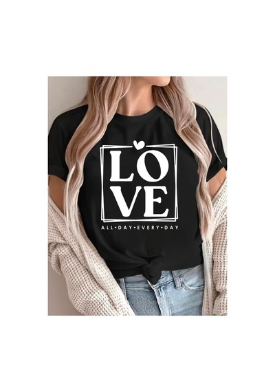 Medinenur Love Yazı Baskılı Basic T-shirt Siyah