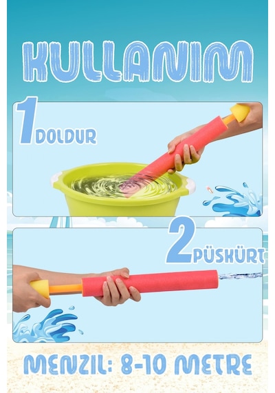 2 Adet Pompalı Su Tabancası Sünger Kaplı Yaz Plaj Havuz Oyuncağı Su Pompası 40 Cm