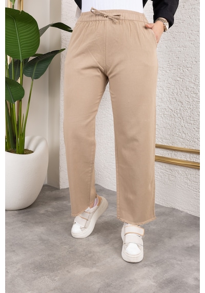 Nevayla Moda Beli Lastikli Keten Pantolon - Vizon / A0104 Vizon