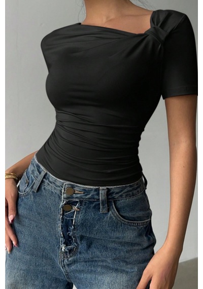 Kadın Çapraz Yaka Kısa Kollu Slim Fit Bluz Siyah