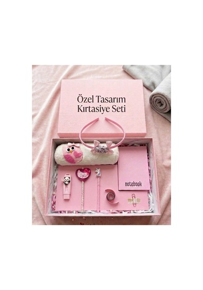 Kız Çocuk Pembe Baykuş Kalp Sevimli Pastel Renkli Hediye Kutusu Kırtasiye Seti Doğum Günü Okul Hediyesi Tasarım Taç Figürlü Renkli Hediye Kırtasiye Seti