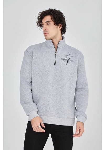 Barlashive Erkek Yarım Fermuarlı Baskılı 3 İplik Pamuklu Sweatshirt - Gri Çok Renkli