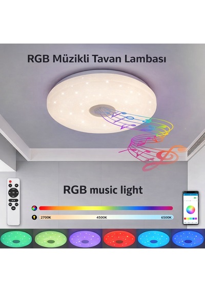 Akıllı Rgb Led Tavan Lambası Bluetooth Hoparlörlü, Müzikli, Uygulama Kontrollü 60w Beyaz