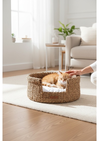 Akayev Nature Hasır Yuvarlak Kedi Ve Köpek Yatağı Minderli 45 Cm