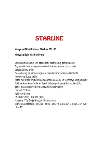 Kimyasal Nitril Eldiven Starline Stl-55 7-7,5 Numara 1 Çift