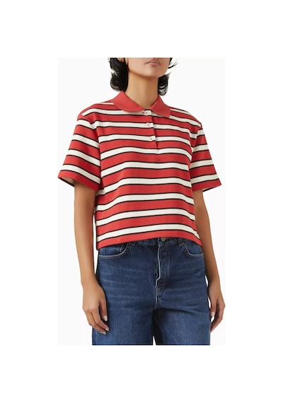 Enandı Çizgili Terry Kumaş Cropped Polo Tişört, Modern Kesim Ve Rahat Yapı Kırmızı