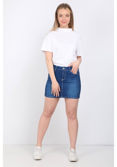 Blue White Kadın Jean Kısa Etek Koyu Mavi L