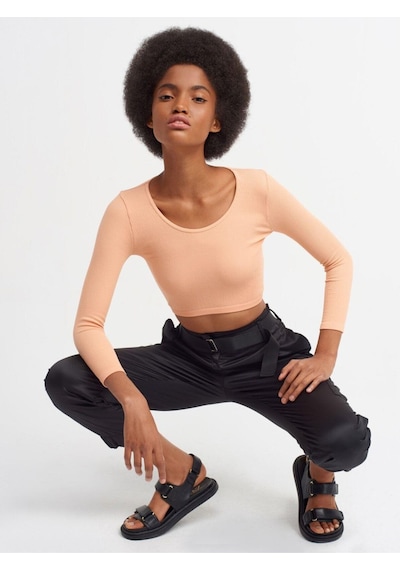 Dilvin 3529 Havuz Yaka Uzun Kollu Crop Top-şeftali-243 Şeftali