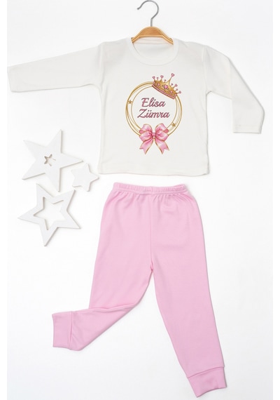Pia Baby İsme Özel Kız Çocuk Pijama Takımı %100 Pamuk Penye İsim Baskılı Kişiye Özel Çocuk Pijaması 11116p14pi Krem