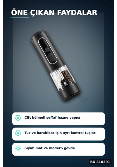 Elektrikli Tuz Ve Karabiber Öğütücü Şarjlı Çift Bölmeli Led Işıklı Mutfak Değirmeni Bx-316391 Çok Renkli