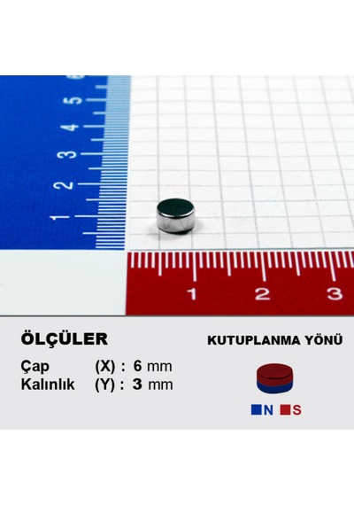 10 Adet Neodyum Mıknatıs Çap: 6mm Kalınlık: 3mm D6x3 Ndfeb Güçlü Mıknatıs Yuvarlak N086