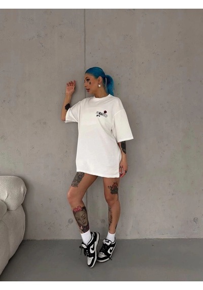 Freedom Store Kadın Bisiklet Yaka Baskılı Kısa Kol Oversize T-shirt - Beyaz