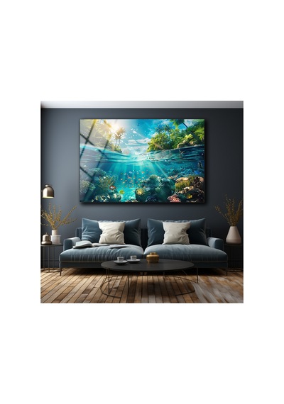 Balıklar Ve Gökyüzü Soyut Üzerine Uv Cam Tablo Şık Duvar Tablosu Solmayan Canlı Renkler Ofis Ve Çalışma Odası Ev Hediyesi Parlak Cam Yüzey