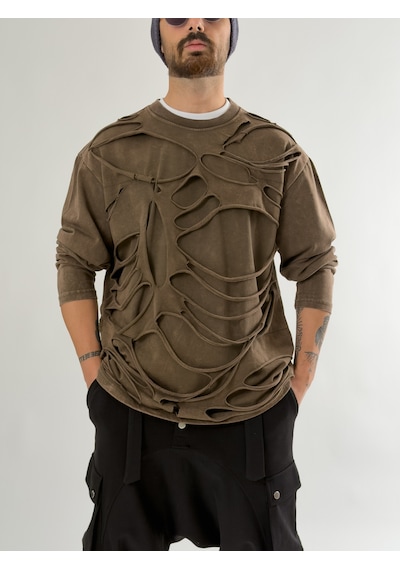 Cocopelli Street Yıkamalı Kahverengi Tasarım Erkek Sweatshirt Coc2648 Kahverengi