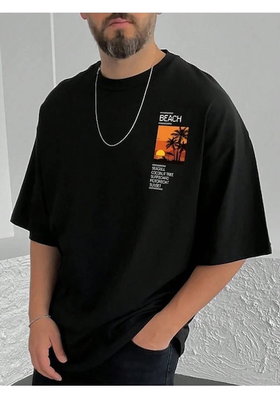 Startmore Göğüs Beach Baskılı Oversize Erkek T-shirt Siyah