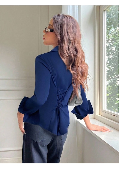 Kadın Arkası Bağcıklı Gömlek Slim Fit Günlük Ve Ofis Kombin Modern Tasarım Lacivert