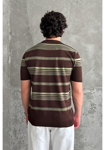 Erkek Bisiklet Yaka Oversize Çizgili Triko T-shirt Kahverengi