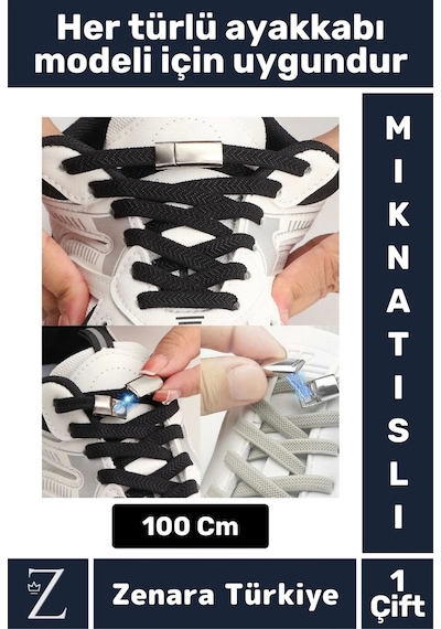 Zenara Premium Pratik Şık Klipsli Manyetik Mıknatıslı Lastikli Çocuk Ayakkabı Bağcığı 100 Cm 1 Çift Çok Renkli