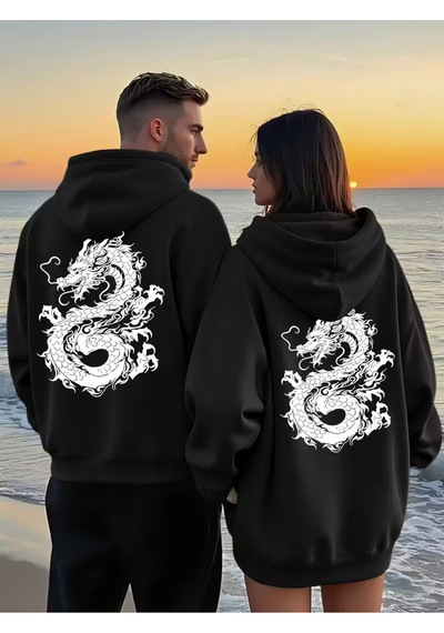 Nevermind Sevgili Çift Kombini Dragon Desenli Hoodie Kapüşonlu Sweatshirt 2 Siyah